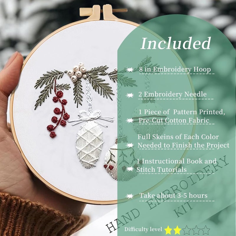 FONNUY Crewel Christmas Embroidery Kit for Beginners, Cross Stitch Set Winter Snow Scene Pine Owl Pattern for Adults, Easy to Follow Color Thread Needlework, 8'' Hoop (Holly Bauble) - Image 5